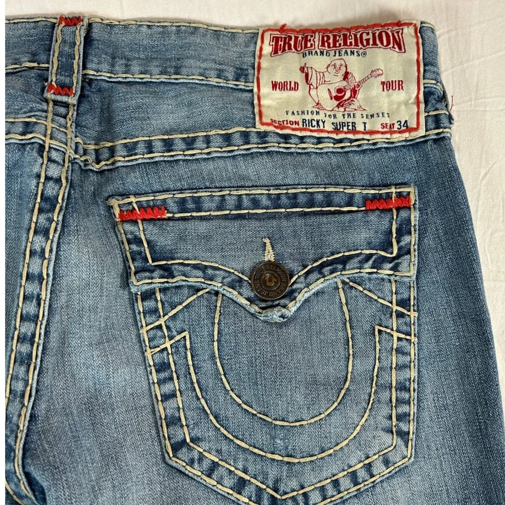 True Religion Ricky Super T Mens 40 Blue Jean Red Thick Stitch Straight Made USA